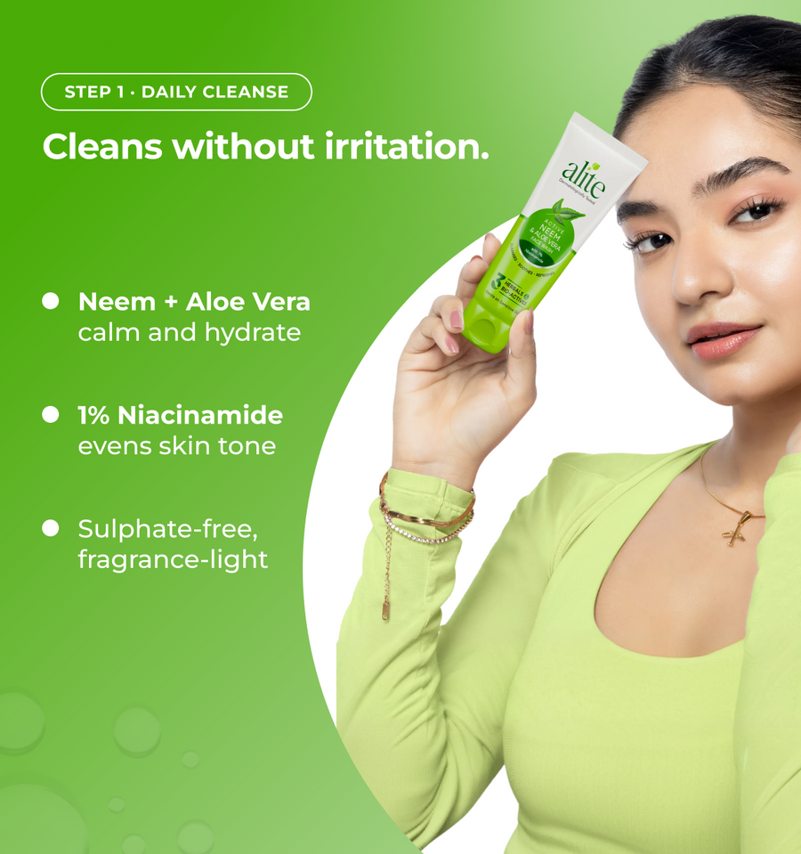Woman holding a skincare product and text about product benefits.