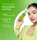 Woman holding a skincare product with text about scrubs and benefits 