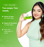 Woman holding a bar of soap with text about different types of soaps 