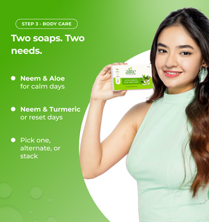 Woman holding a bar of soap with text about different types of soaps 