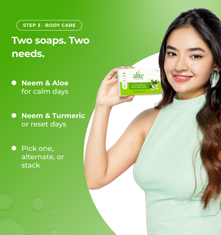 Woman holding a bar of soap with text about different types of soaps 