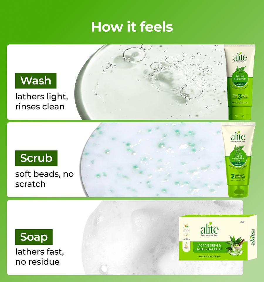 Alite skincare products with text describing their effects on wash scrub and soap