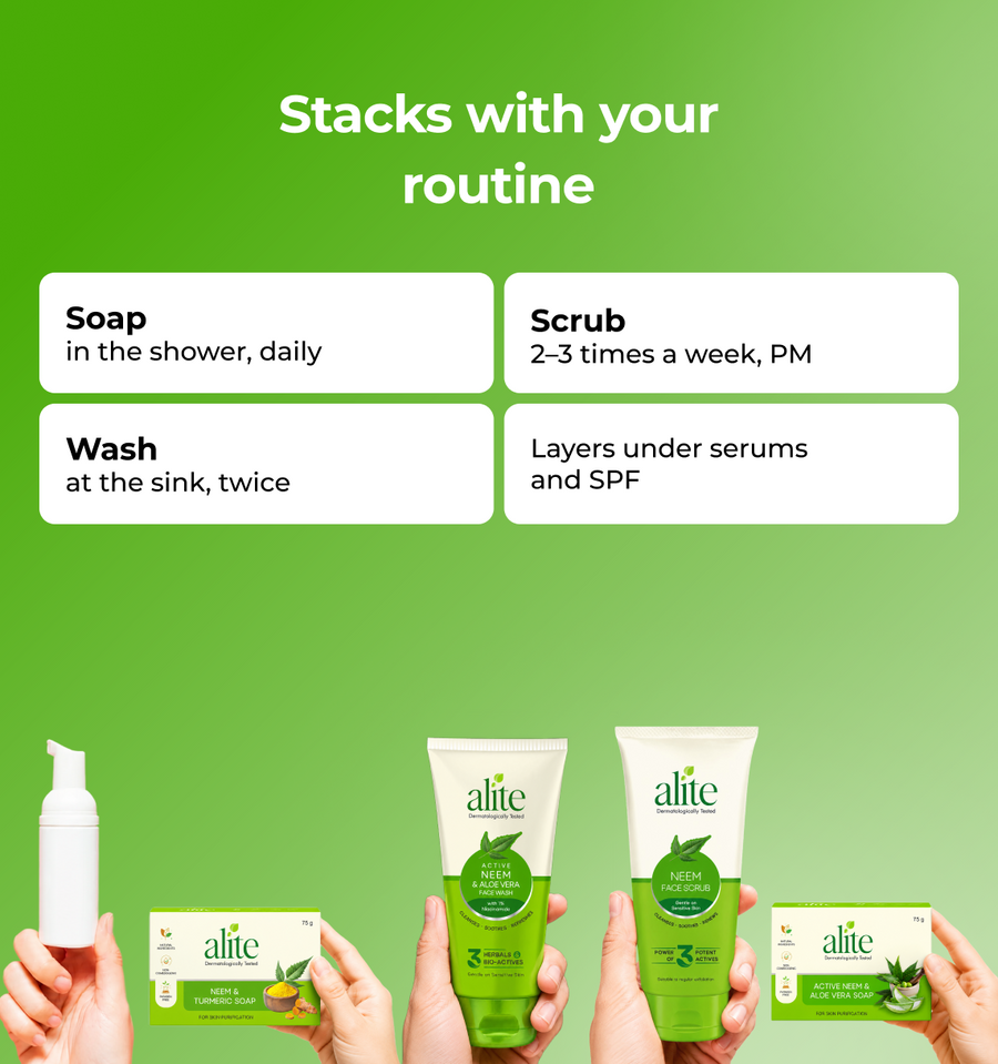 Alite skincare products with usage instructions on a green background