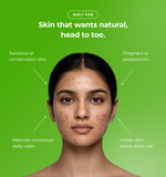 Woman with acne with text about skin care for various conditions