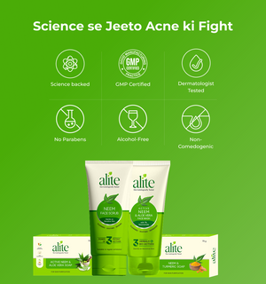 Alite skincare products with certification icons on a green background