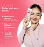Woman holding a skincare product with text on a pink background