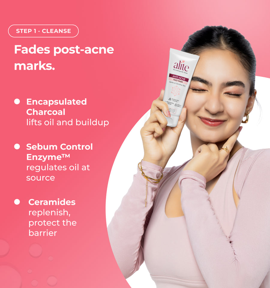 Woman holding a skincare product with text on a pink background