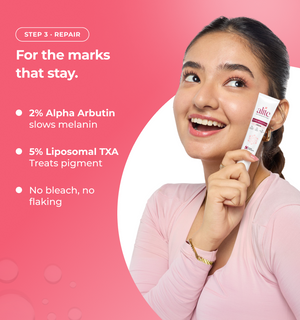 Woman holding a skincare product with text about alpha arbutin 