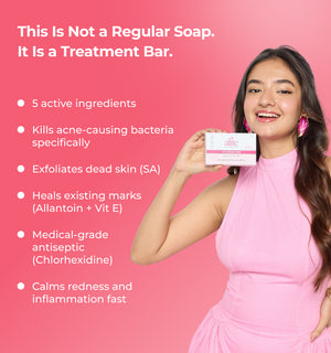 Woman holding alite soap bar with product details 