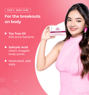 Woman holding a skincare product with text about body care solutions 