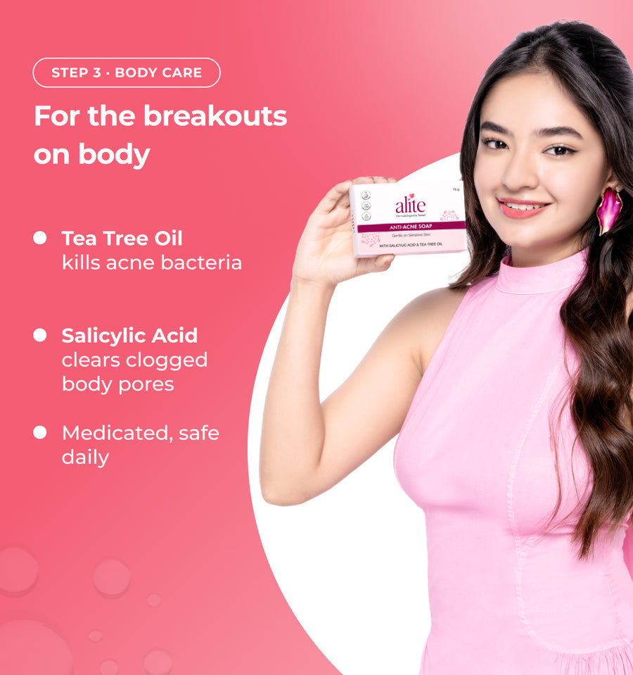 Woman holding a skincare product with text about body care solutions 