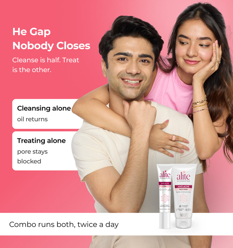 Couple embracing with skincare products and text about a skincare routine