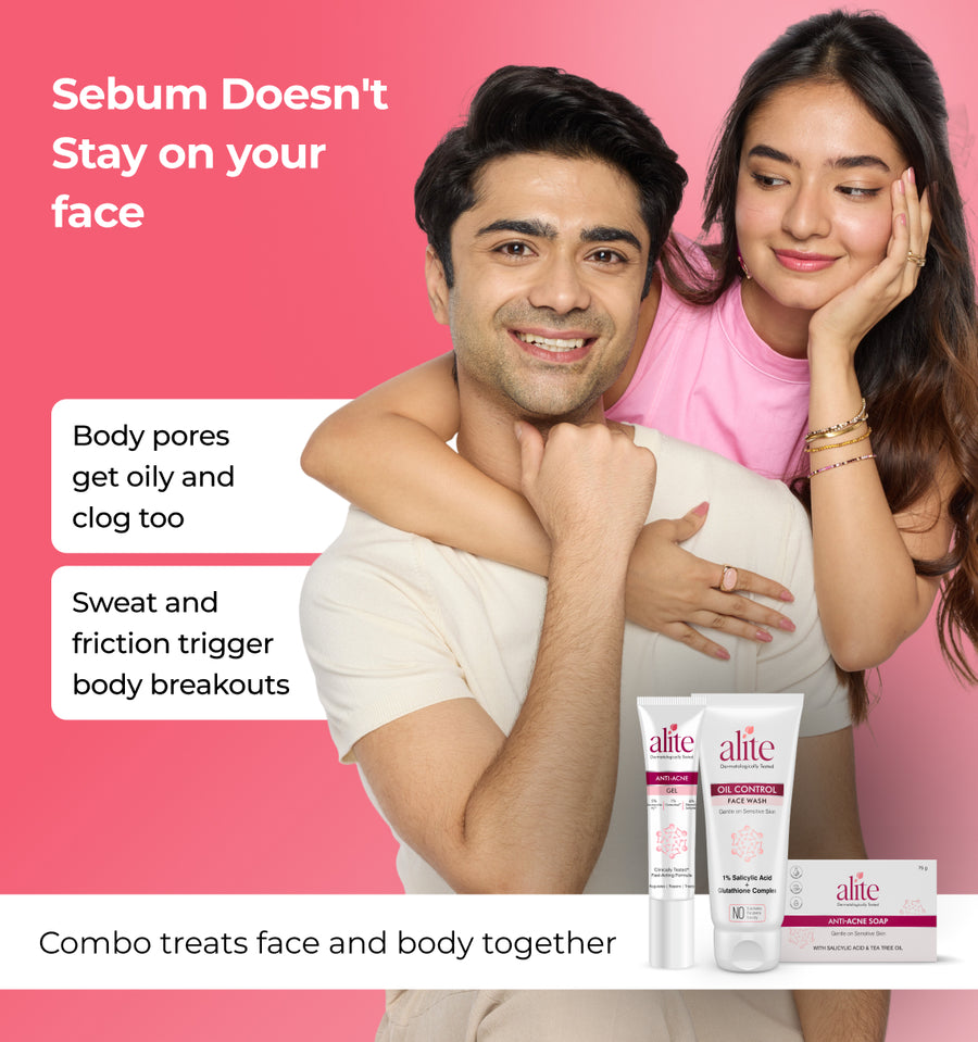 Man and woman embracing with skincare products and sebum text