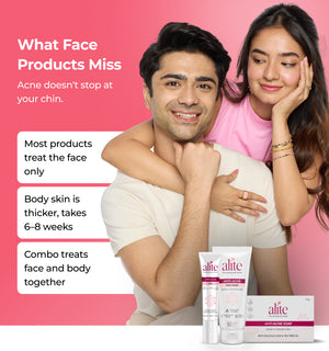 Man and woman embracing with skincare products 