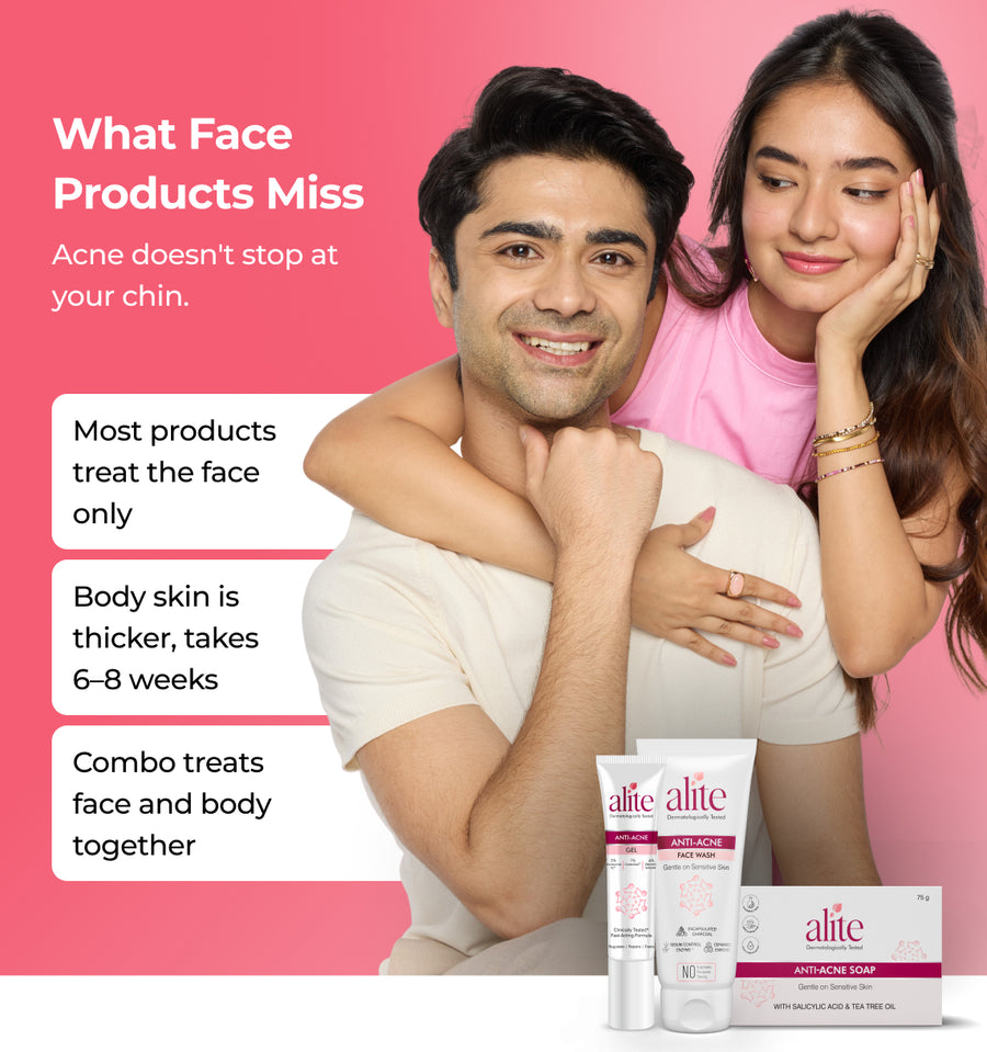 Man and woman embracing with skincare products 