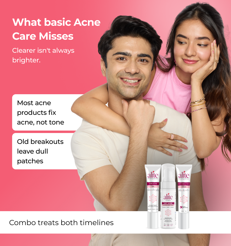 Man and woman embracing with skincare products displayed