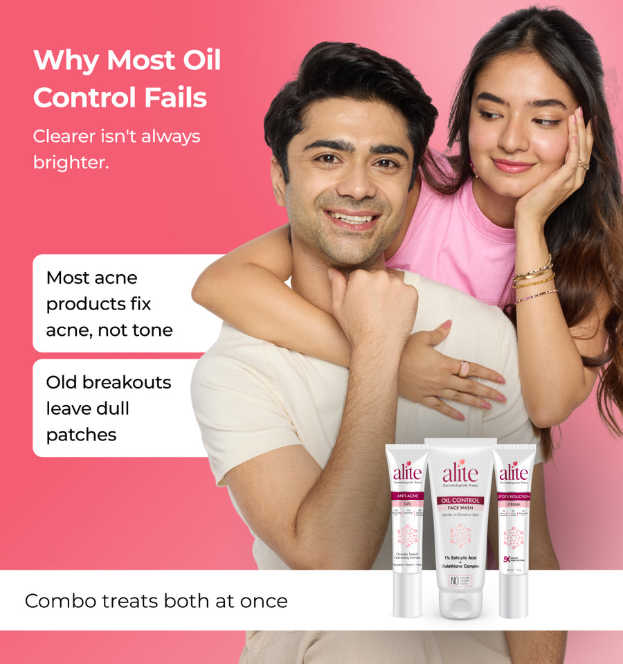 Couple embracing with skincare products 
