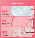 Product packaging with text describing the effects of wash gel and soap 