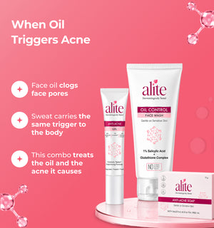 Alite skincare products with text about oil and acne