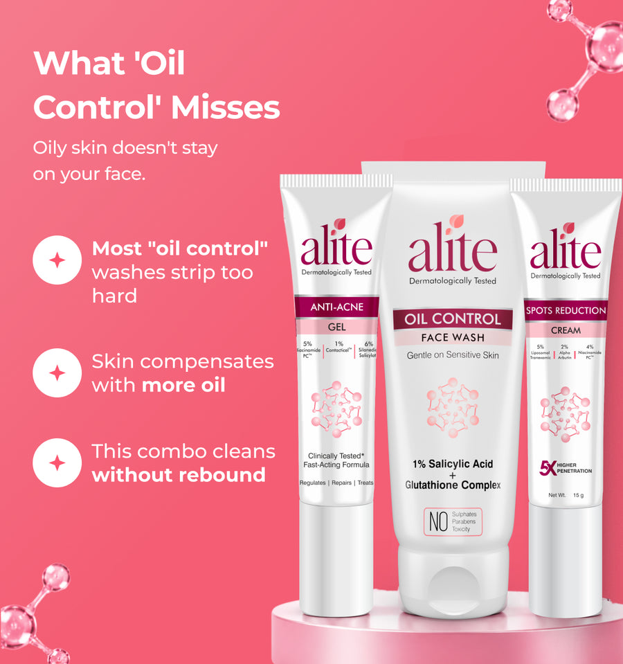 Alite skincare products with text about oil control