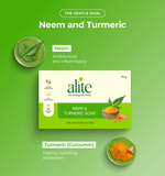 Alite neem and turmeric soap packaging with neem leaves and turmeric