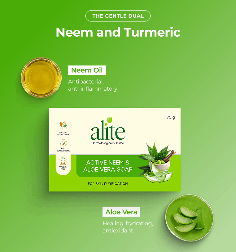 Alite neem & aloe vera soap packaging with illustrations
