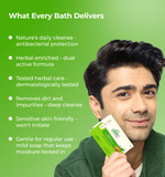 Man holding a soap bar with text about product benefits 