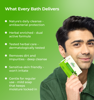 Man holding a green soap bar with text about product benefits 