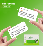 Hands holding cards with reviews of alite soap 